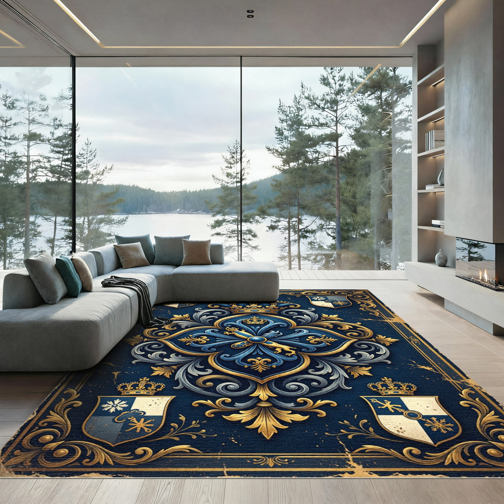 Royal Blue Gold Ornate Regal Crest Rug