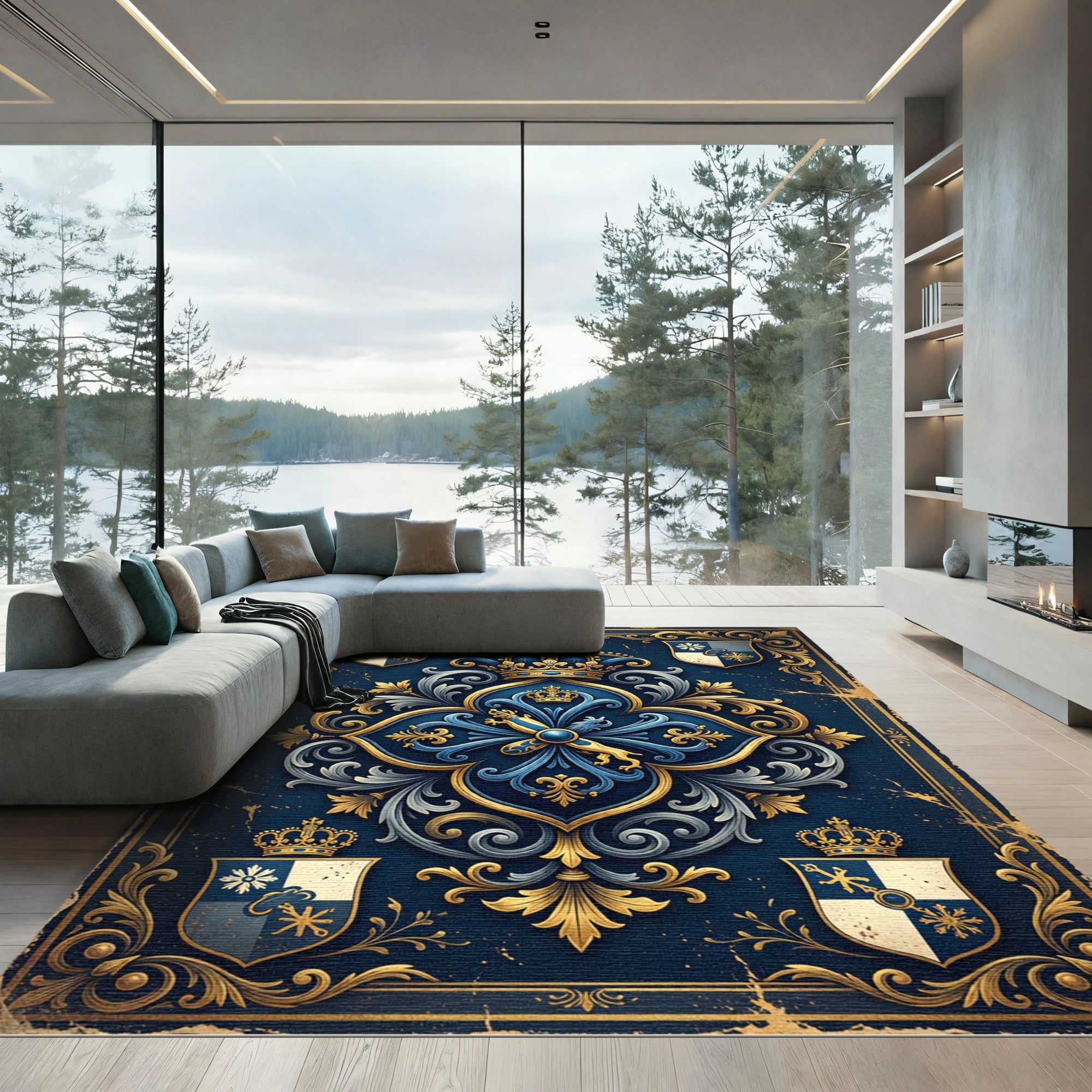 Royal Blue Gold Ornate Regal Crest Rug