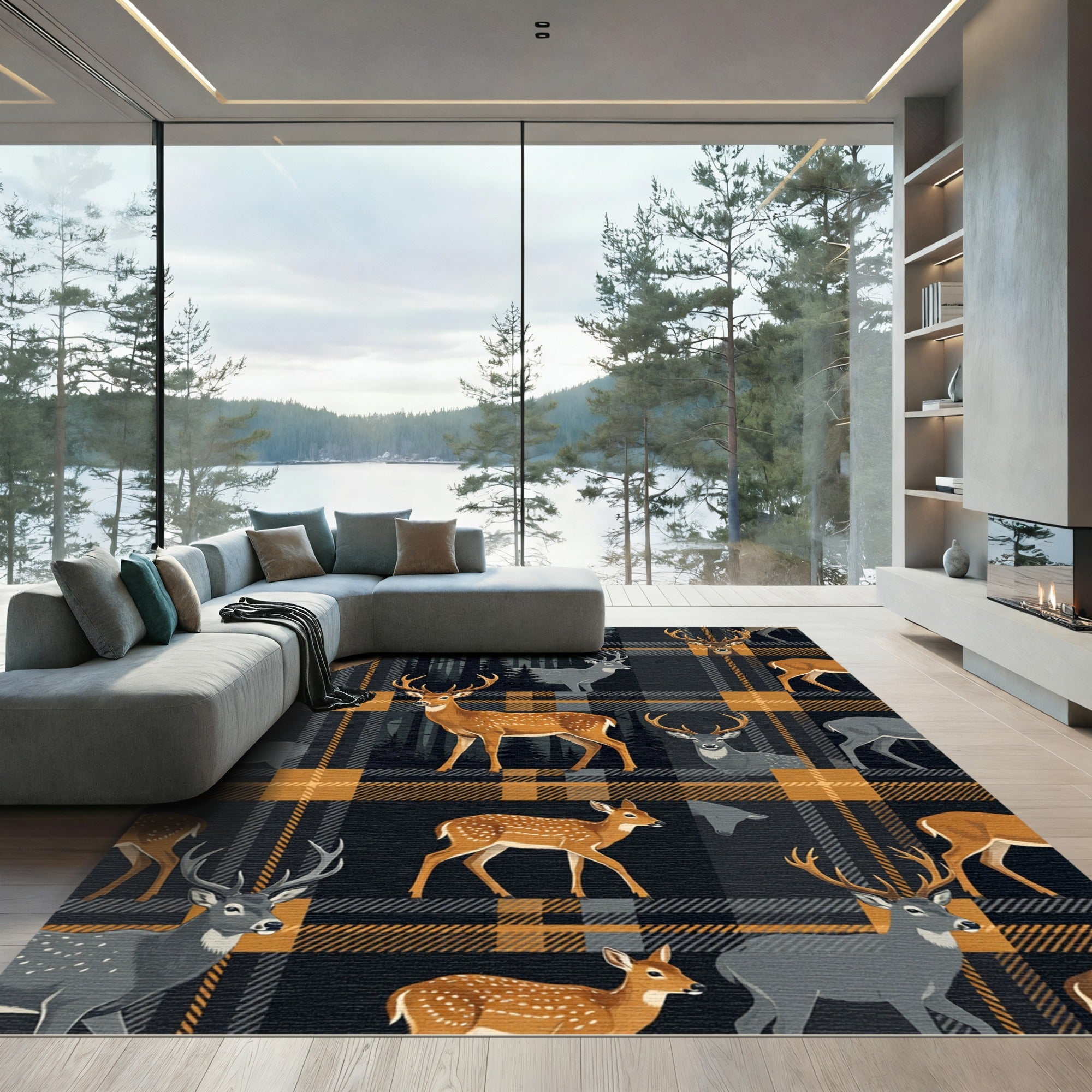 Rustic Woodland Stag Plaid Earth Tone Rug