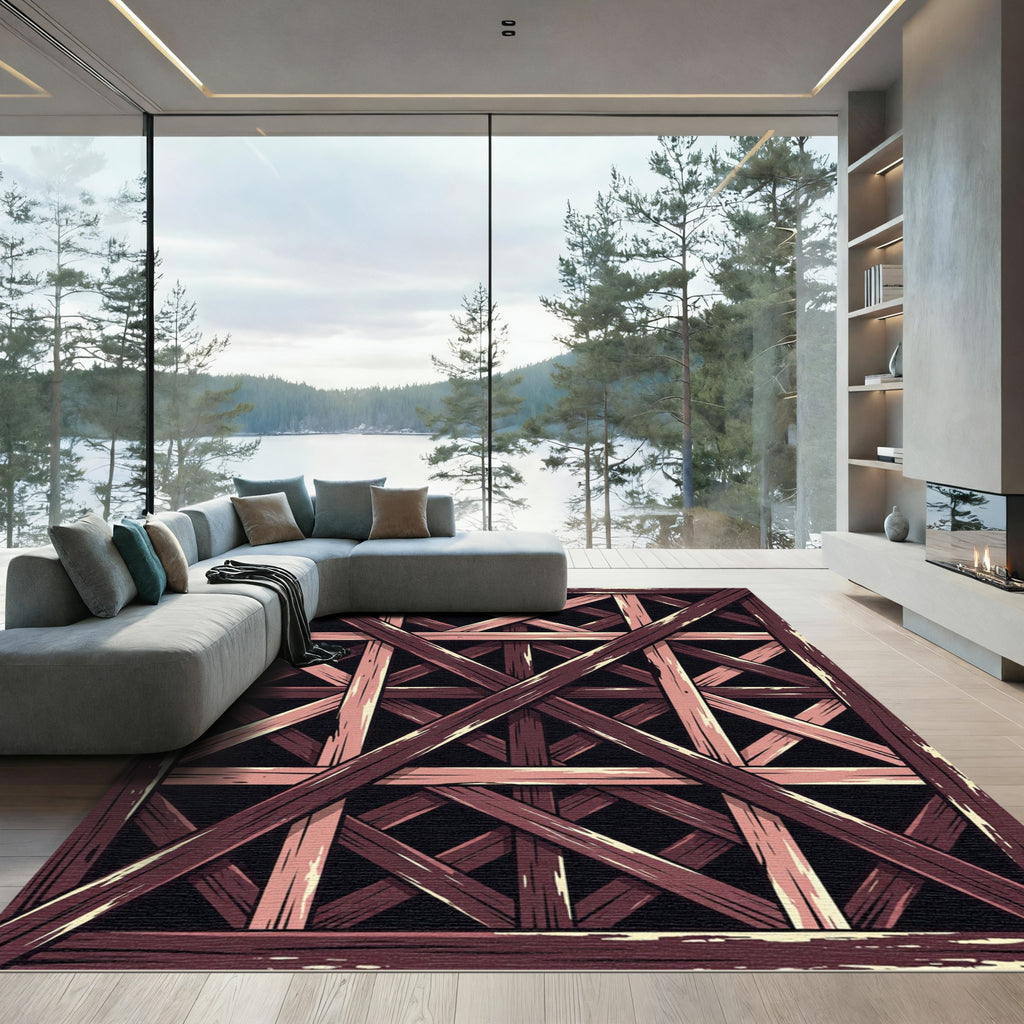 Geometric Symmetrical Wooden Lattice Art Rug