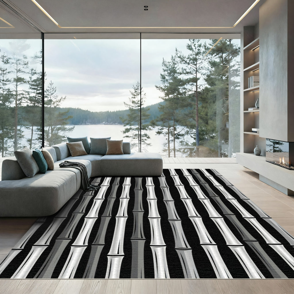 Monochrome Bamboo Stalks Vertical Pattern Rug