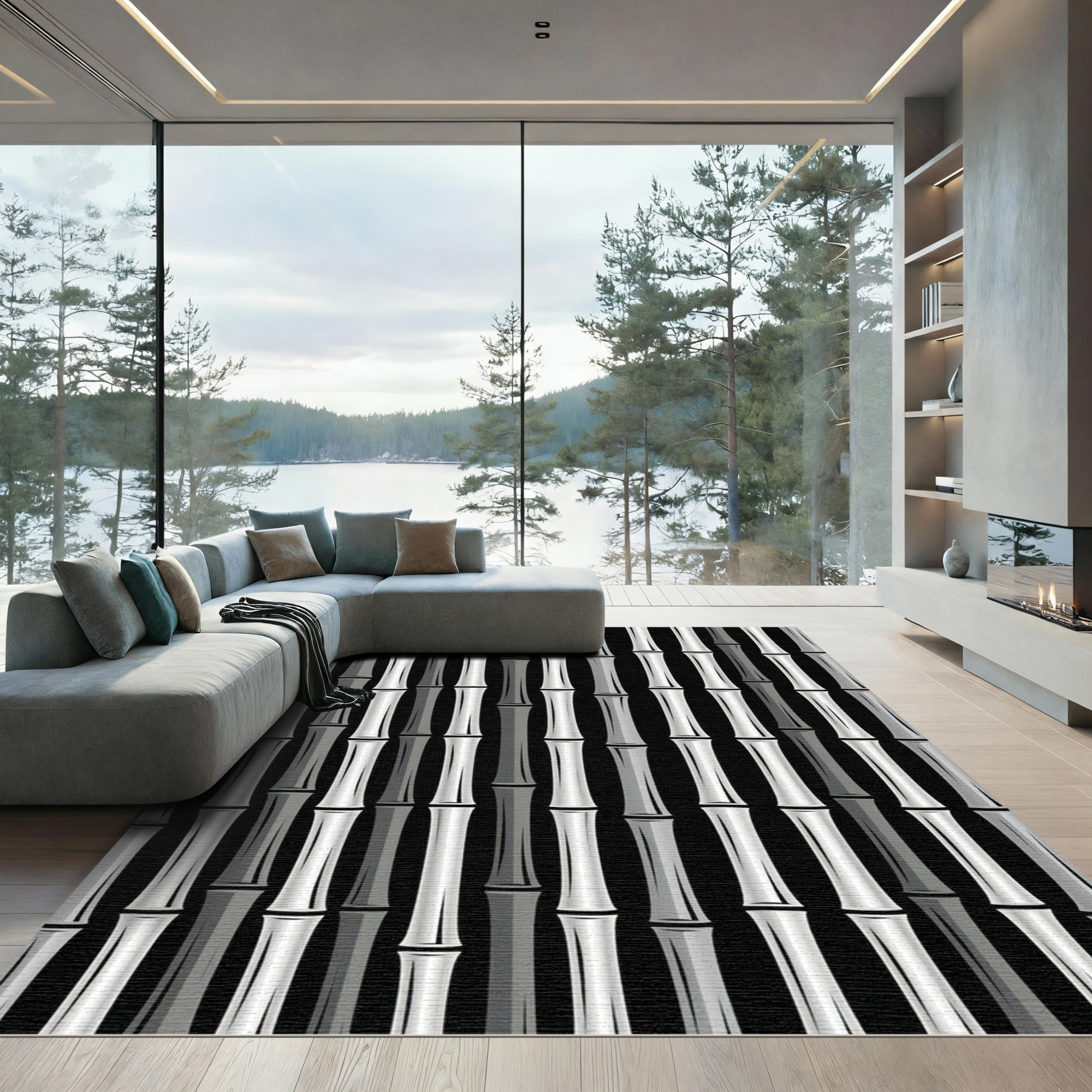 Monochrome Bamboo Stalks Vertical Pattern Rug