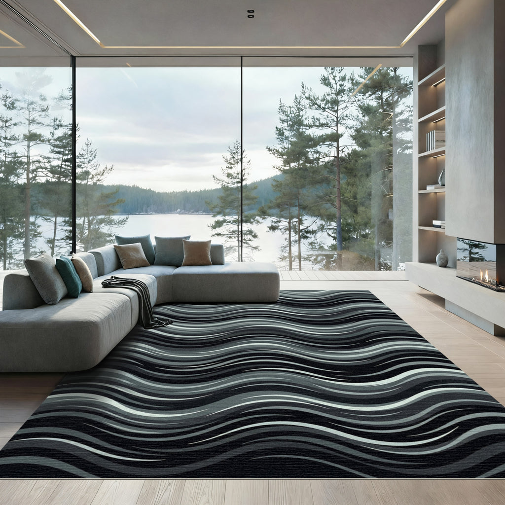 Monochrome Wave Organic Flow Rug