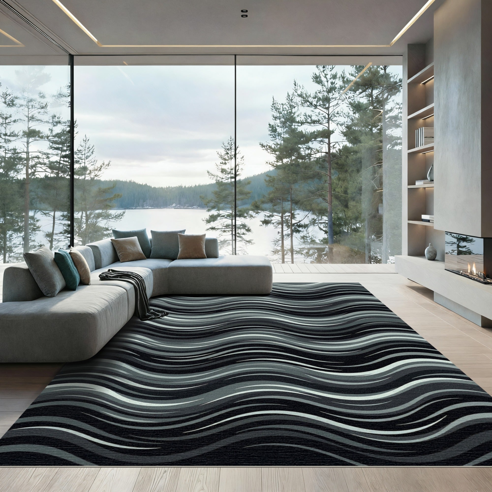Monochrome Wave Organic Flow Rug