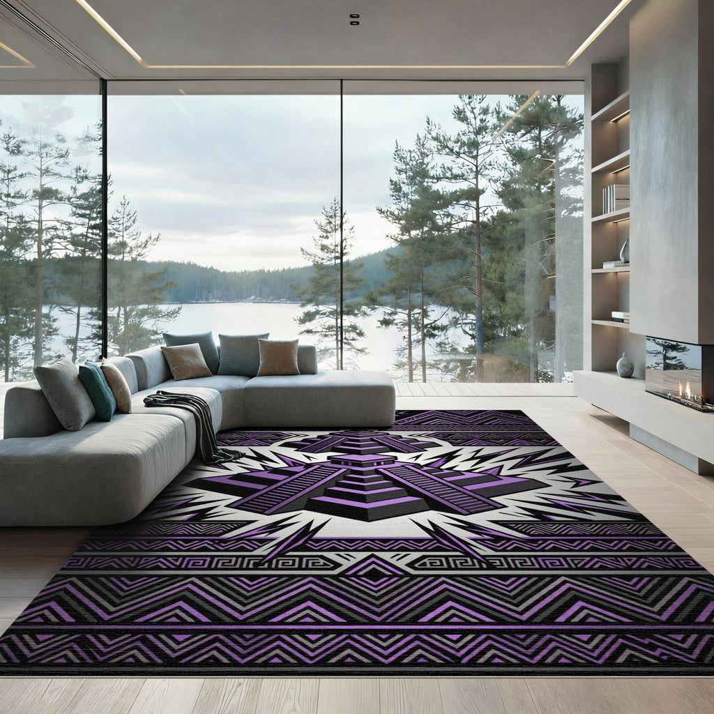 Geometric Purple Aztec Step Pyramid Rug