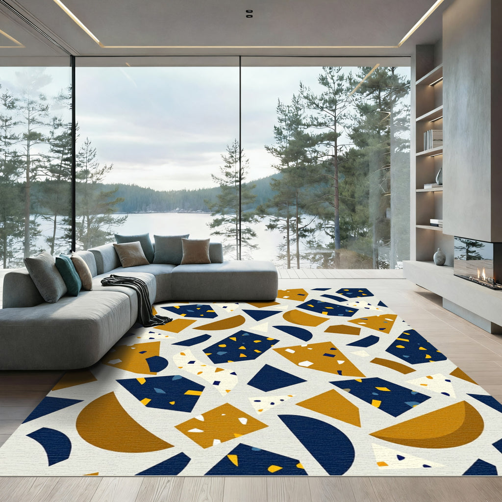 Modern Navy and Ochre Abstract Terrazzo Rug