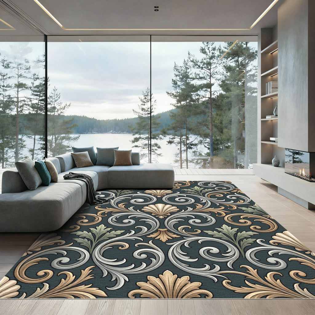 Ornate Shell Scrollwork Aubergine Rug