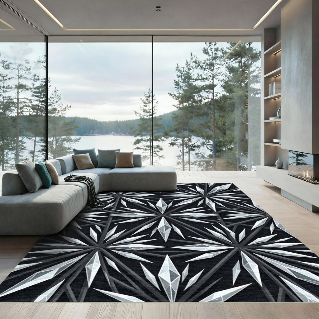 Monochromatic Crystal Starburst Geometric Tile Rug