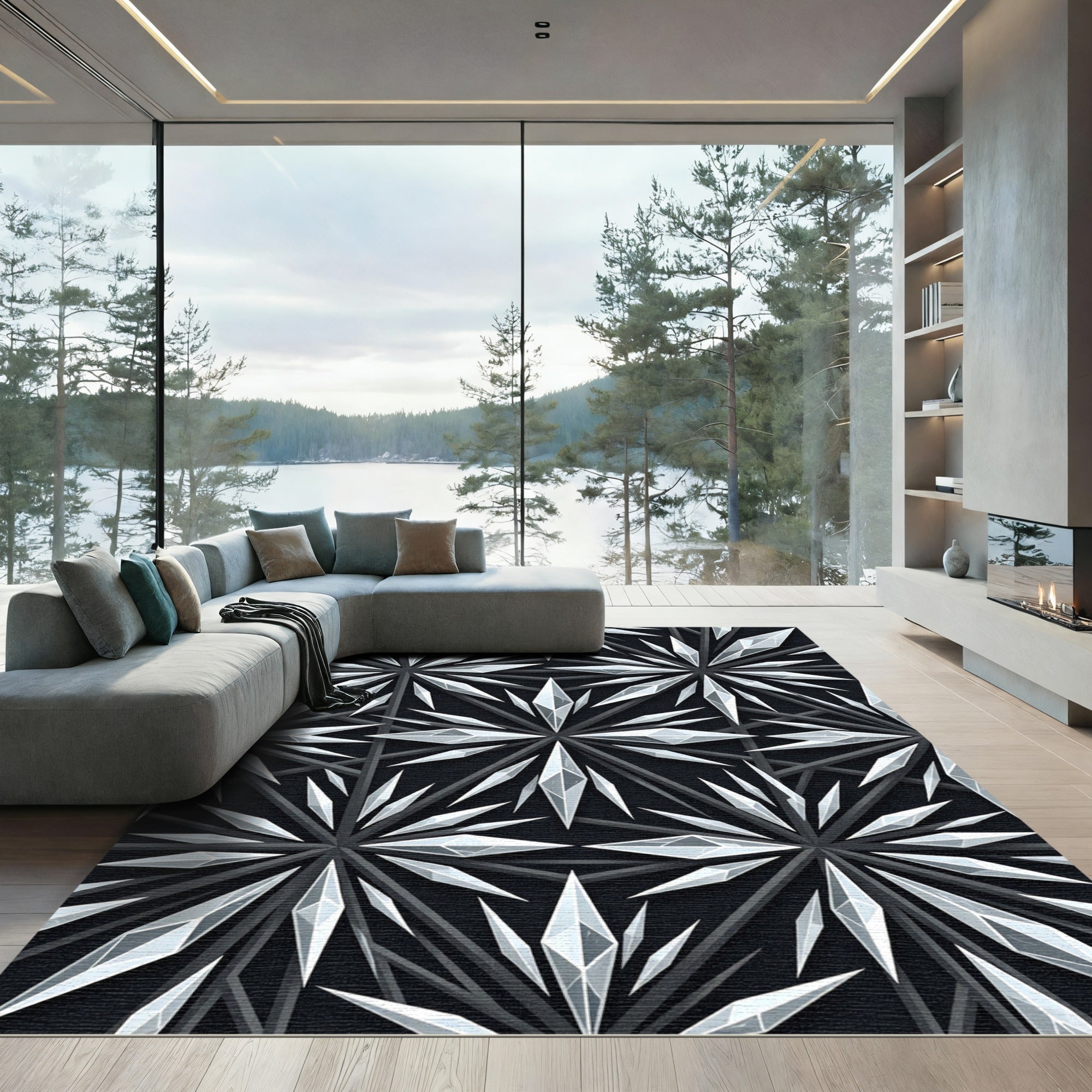 Monochromatic Crystal Starburst Geometric Tile Rug
