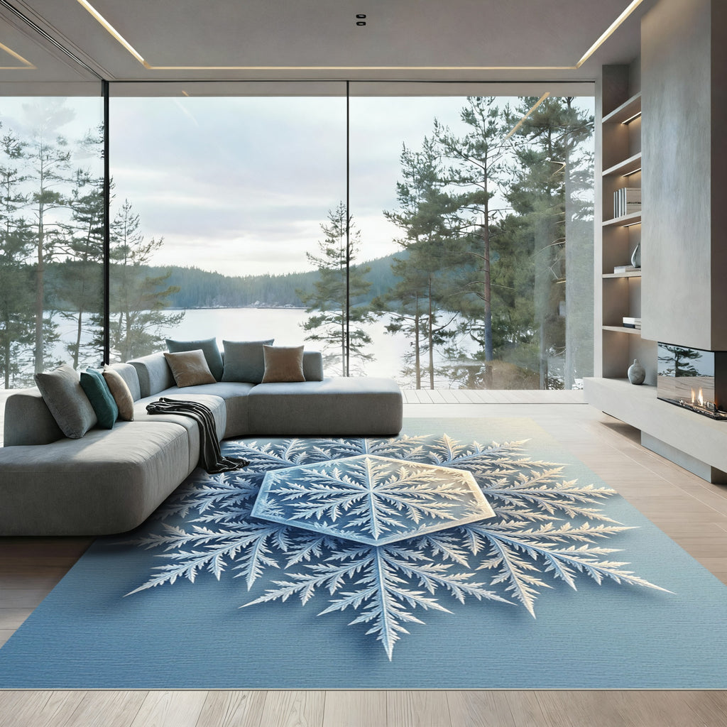 Elegant Frost Blue Hexagonal Snowflake Rug
