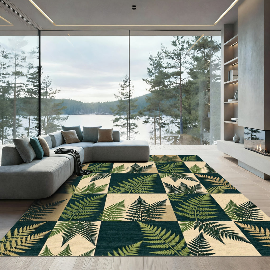 Green Fern Collage Checkered Rug