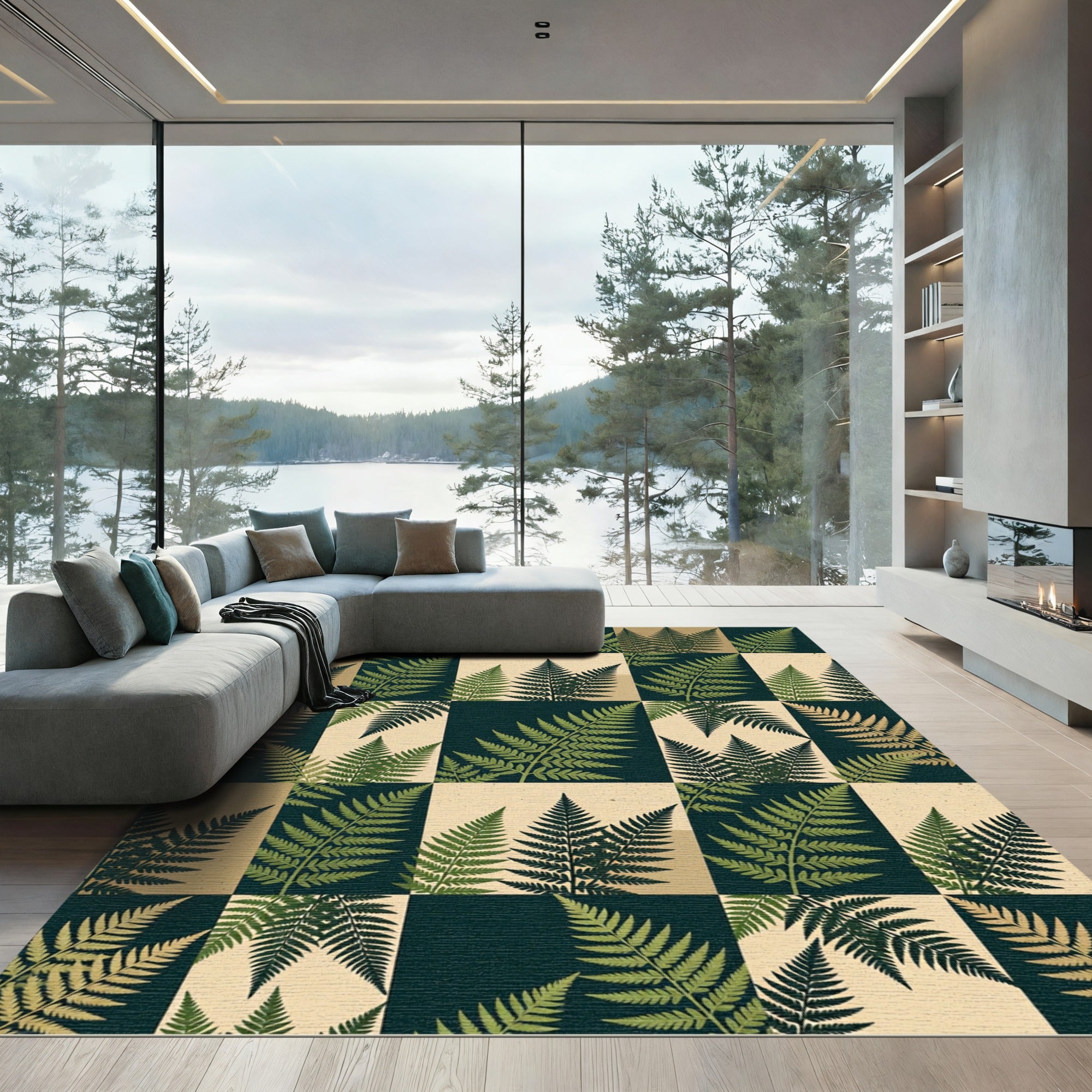 Green Fern Collage Checkered Rug