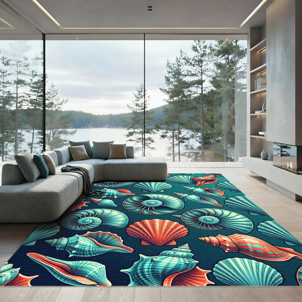 Vibrant Teal and Coral Seashell Ocean Rug