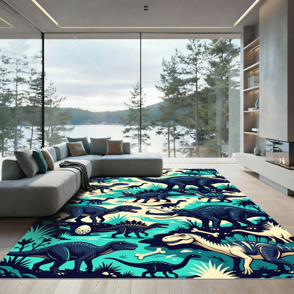 Vibrant Blue Prehistoric Dinosaur Jungle Scene Rug