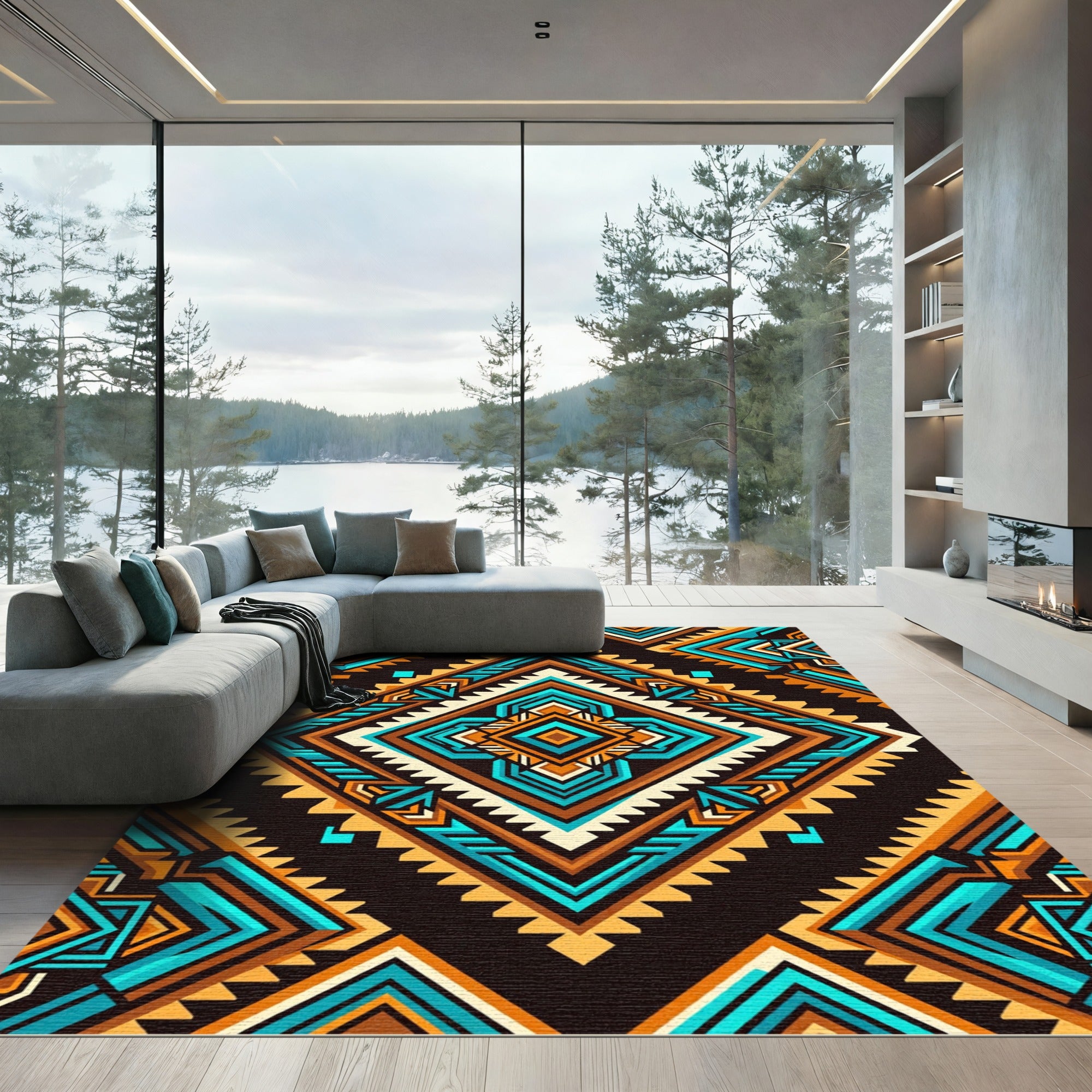 Vibrant Turquoise and Amber Geometric Diamond Rug
