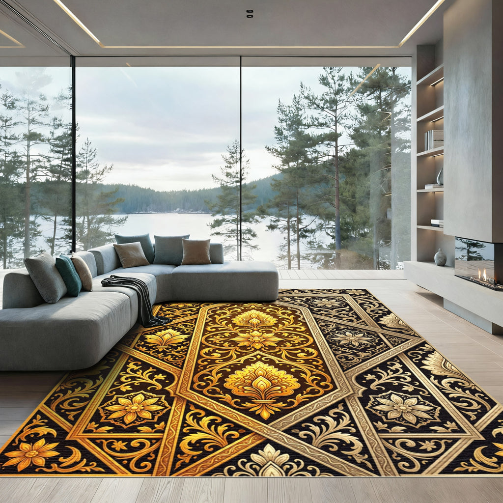 Ornate Golden Floral Damask Scroll Rug