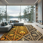 Ornate Golden Floral Damask Scroll Rug