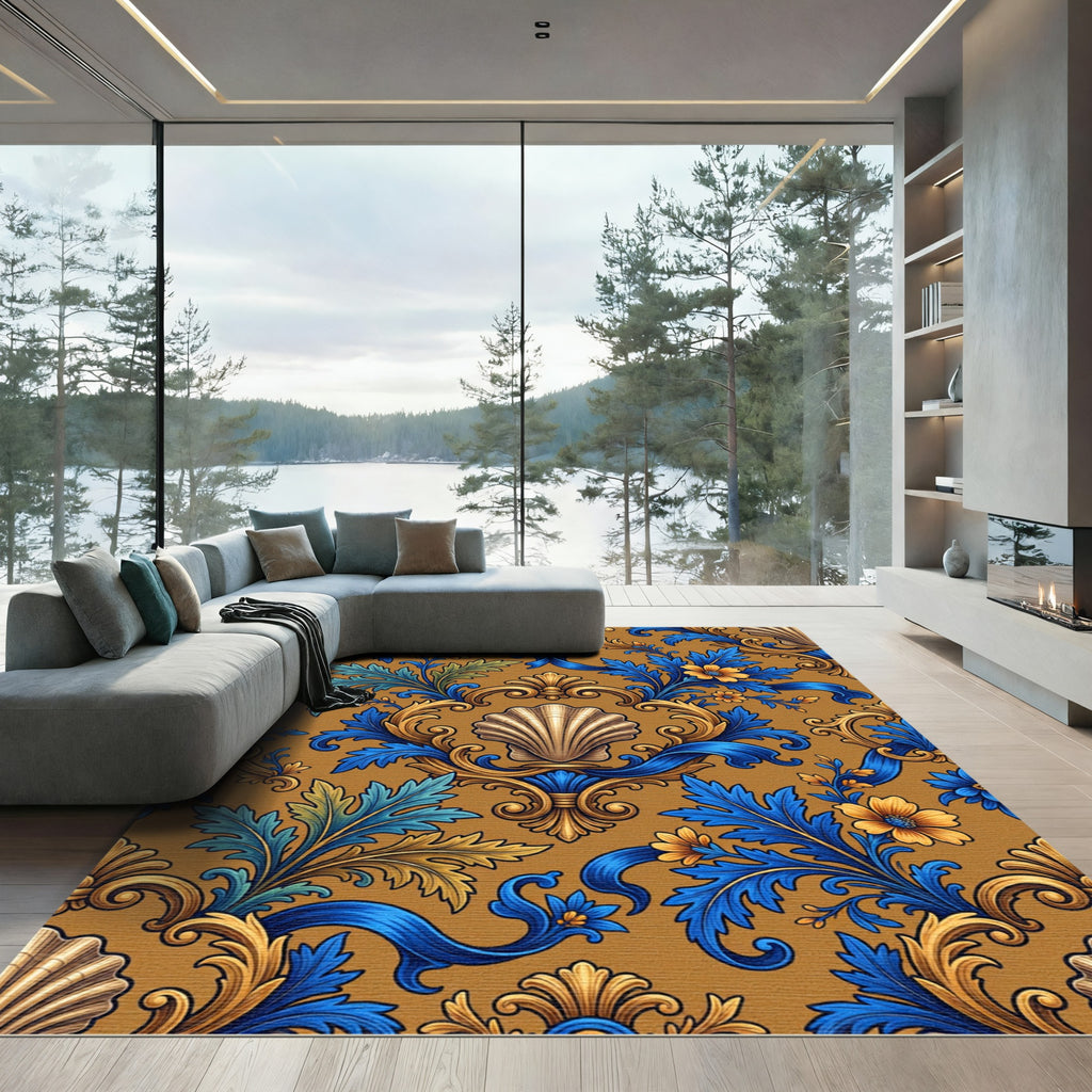 Blue and Gold Ornate Shell Scroll Rug
