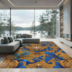 Blue and Gold Ornate Shell Scroll Rug