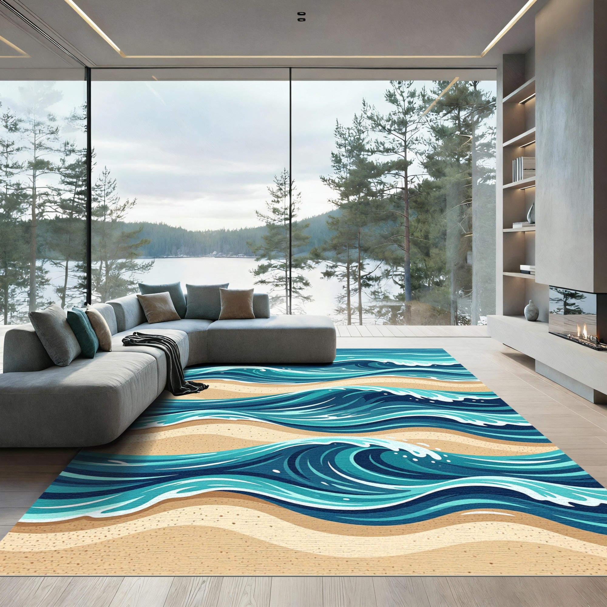 Coastal Blue Shoreline Wave Rug