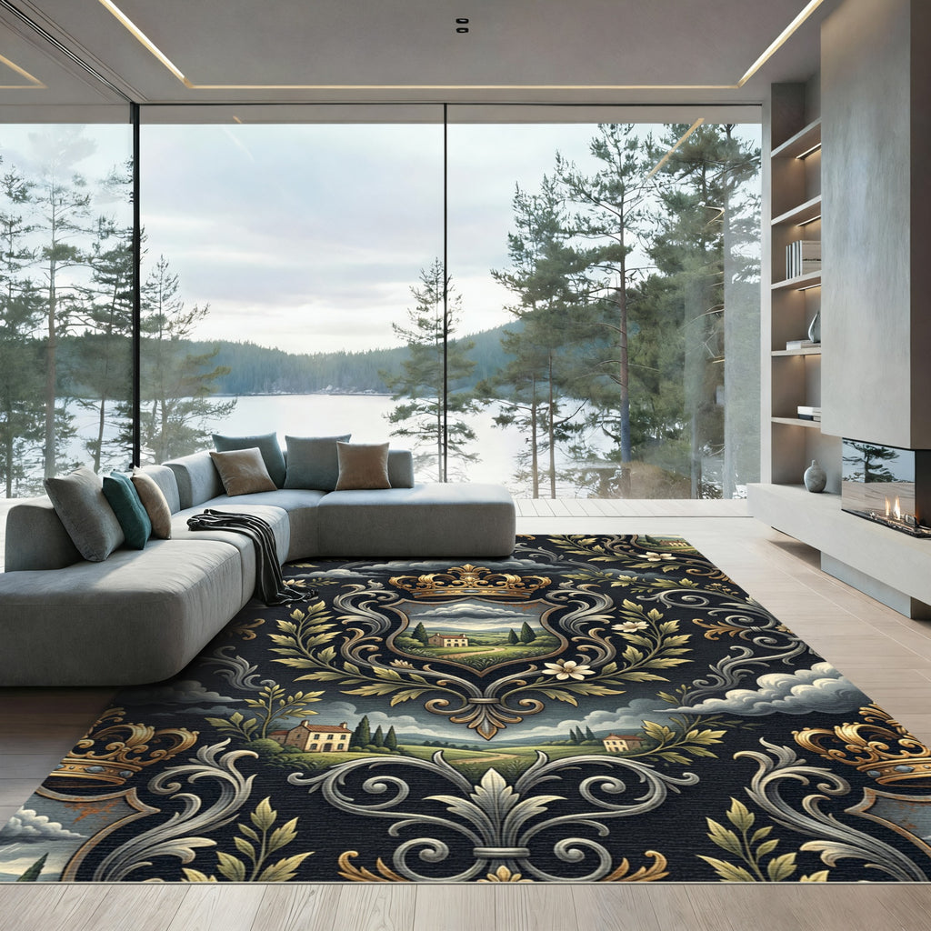 Ornate Gold Crown Crest Landscape Rug