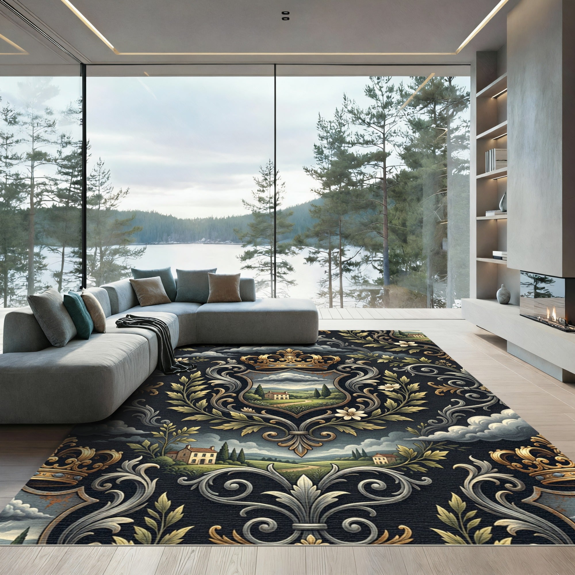 Ornate Gold Crown Crest Landscape Rug
