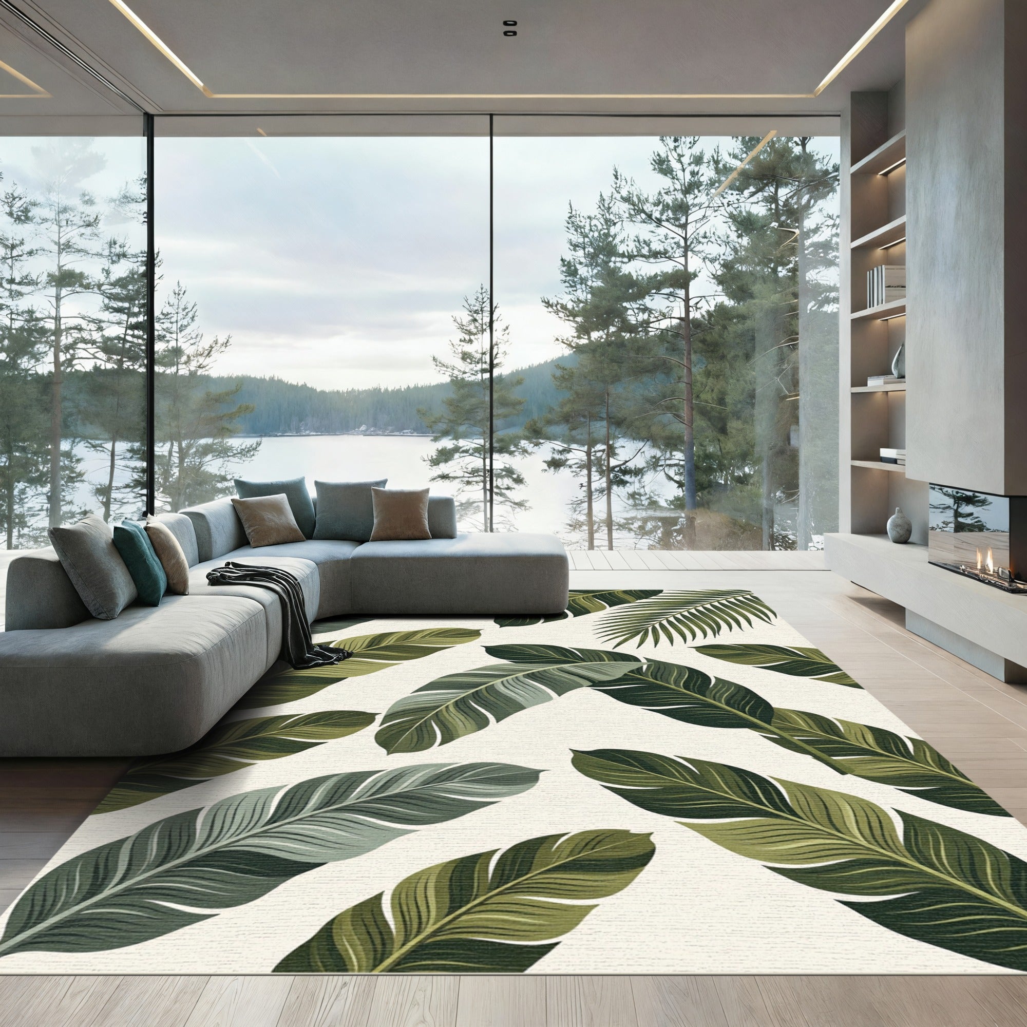 Lush Green Tropical Feather Arrangement Rug