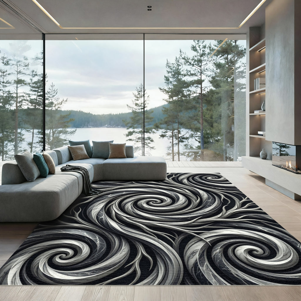 Monochrome Swirl Marble Abstract Rug