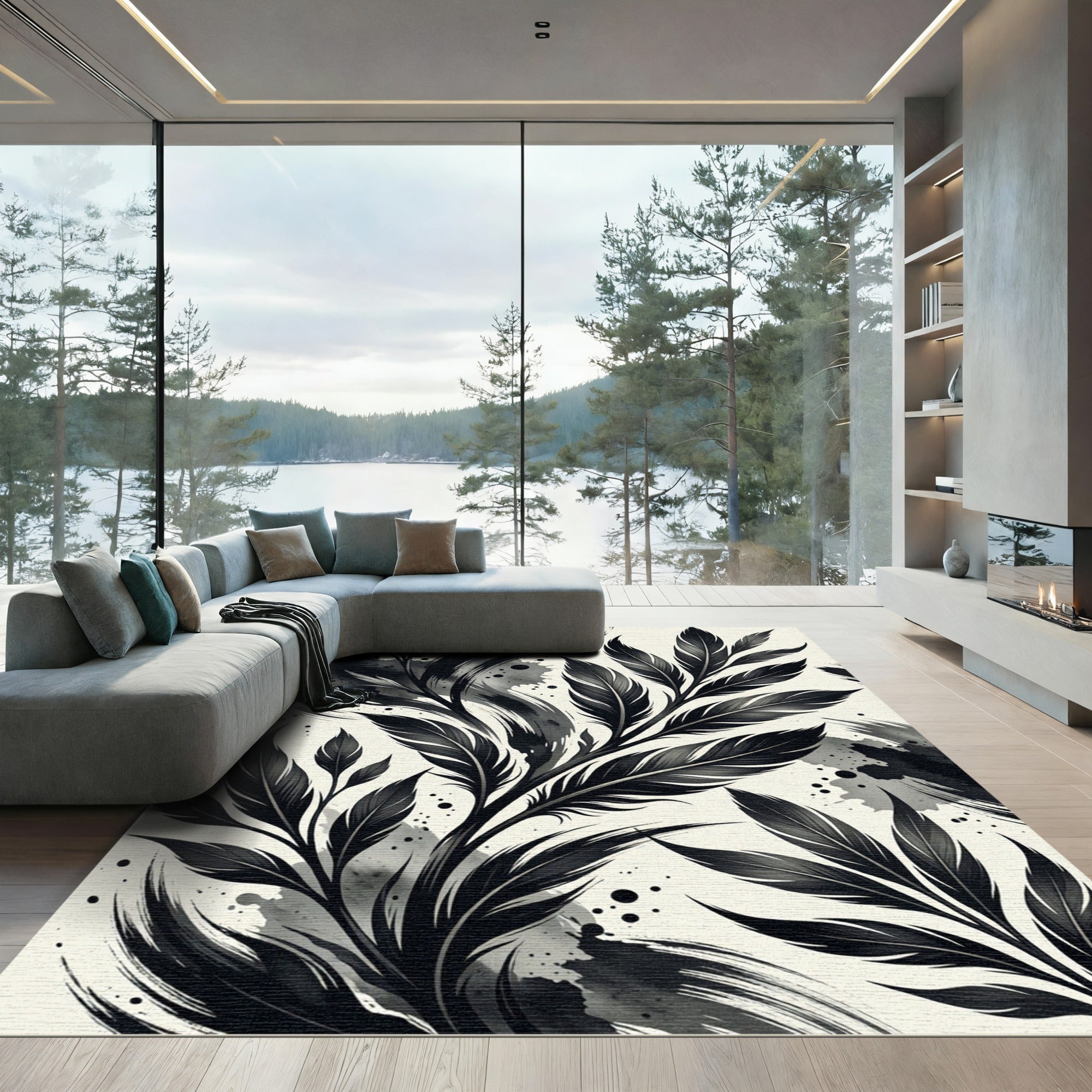 Monochrome Ink Wash Feather Botanical Rug
