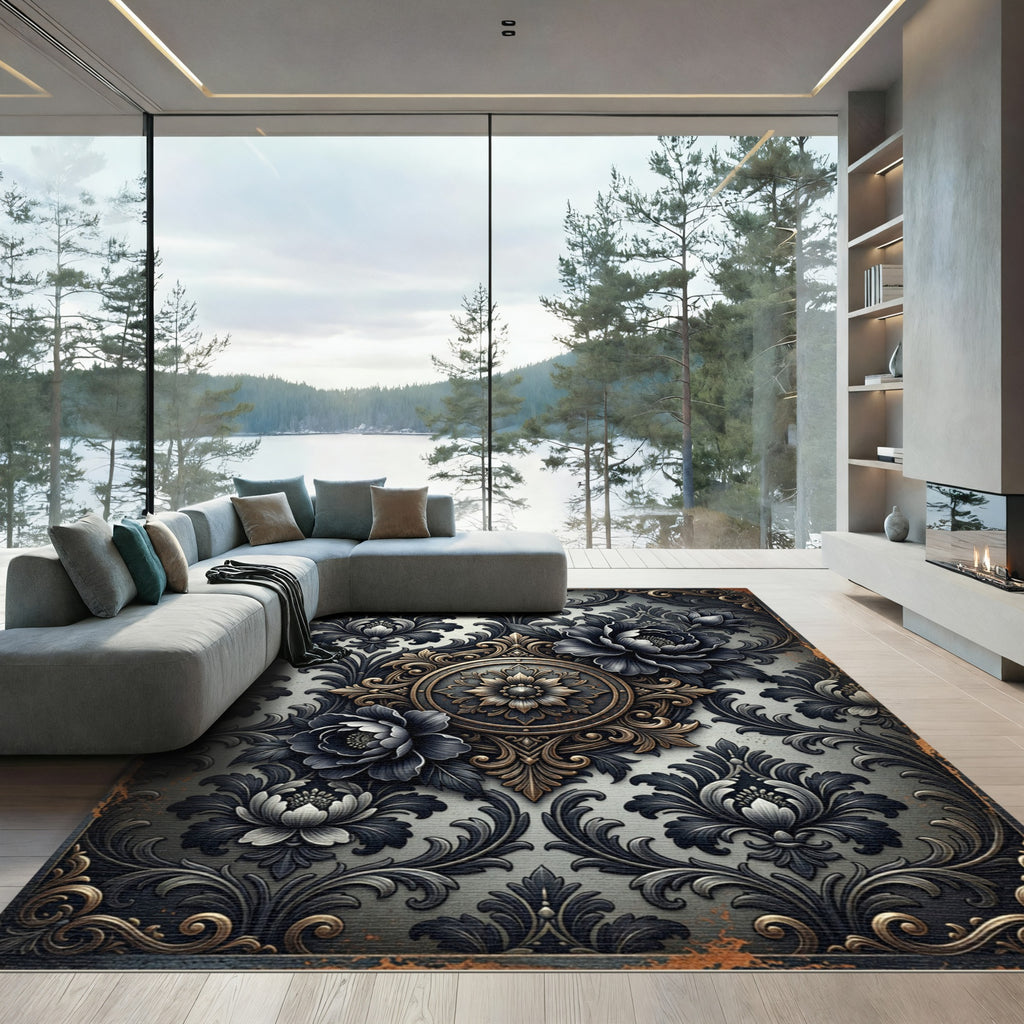 Gothic Black Floral Damask Medallion Rug