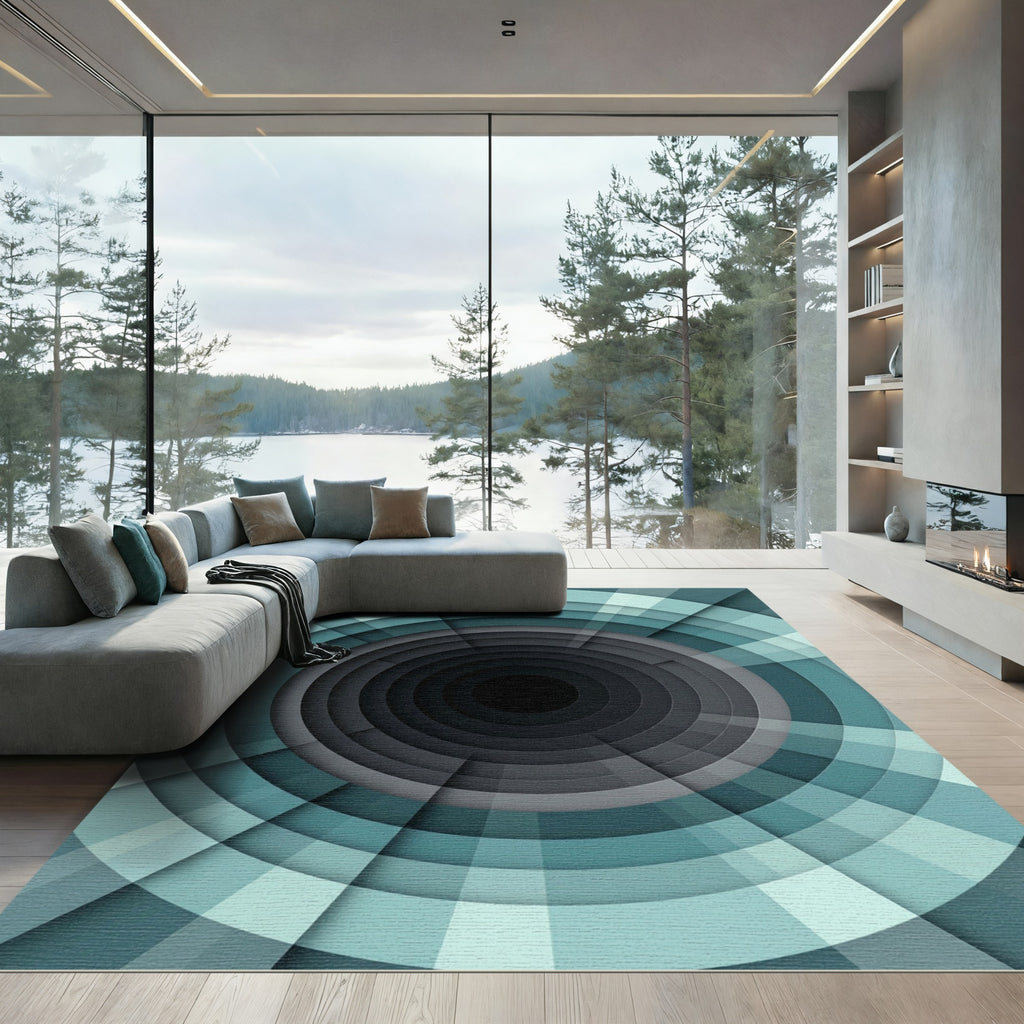Modern Teal Circular Tunnel Gradient Rug
