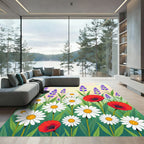 Vibrant Poppy Daisy Lavender Field Rug