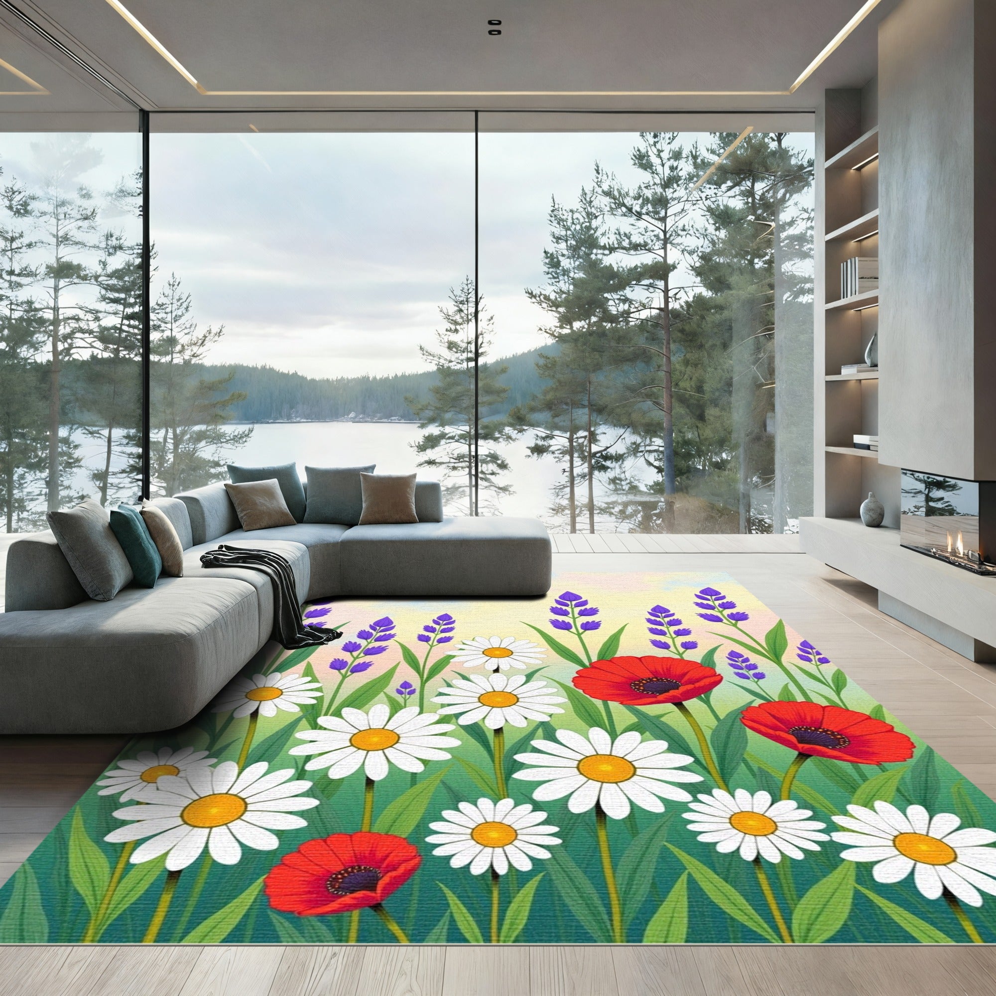 Vibrant Poppy Daisy Lavender Field Rug