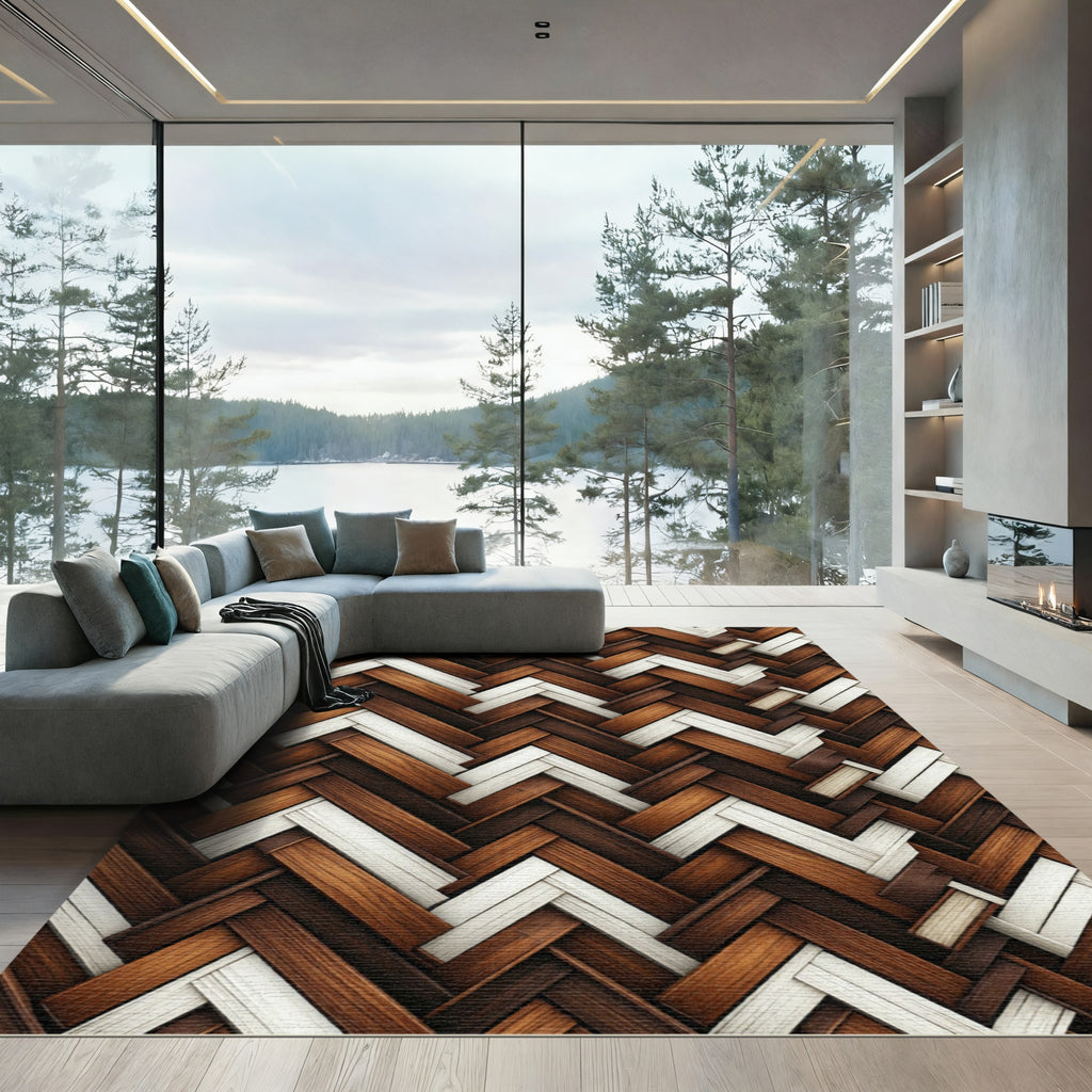 Textured Herringbone Weave in Walnut and Ivory Rug