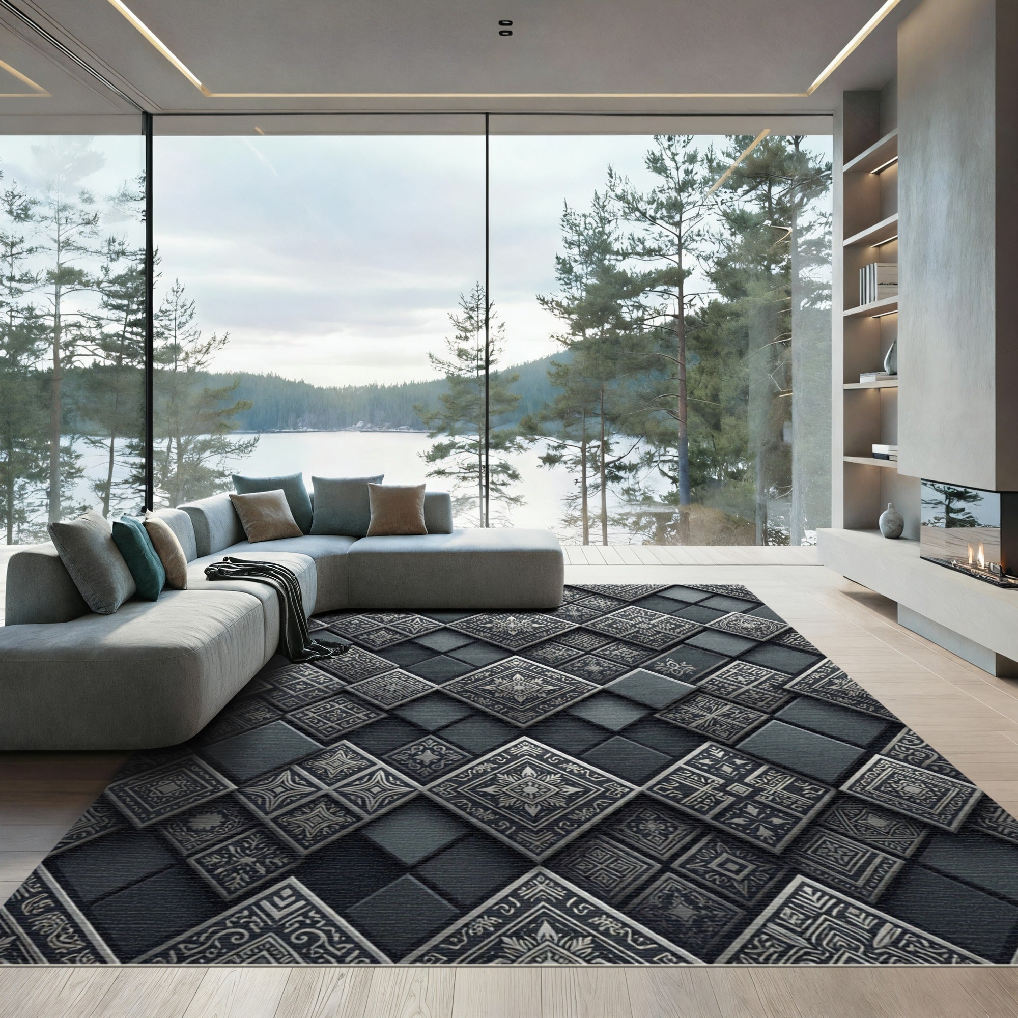 Charcoal Silver Embossed Tile Rug