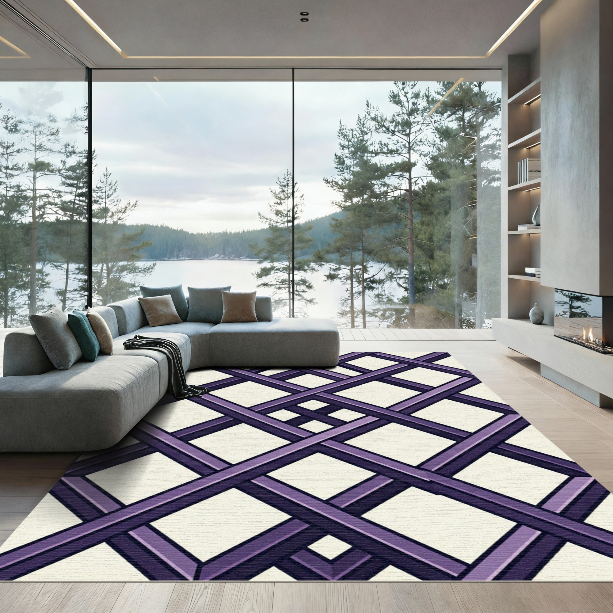 Modern Purple Interlocking Geometric Lattice Rug
