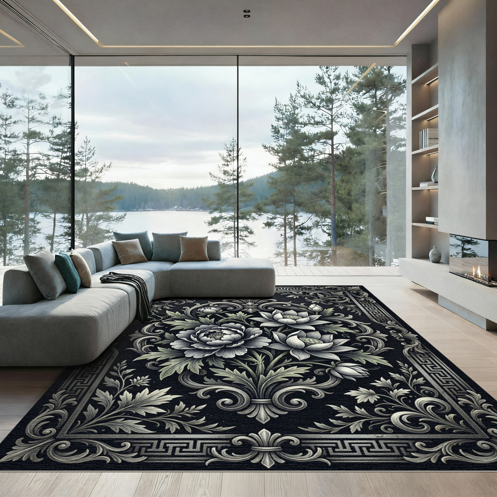 Monochromatic Ornate Floral Baroque Charcoal Rug
