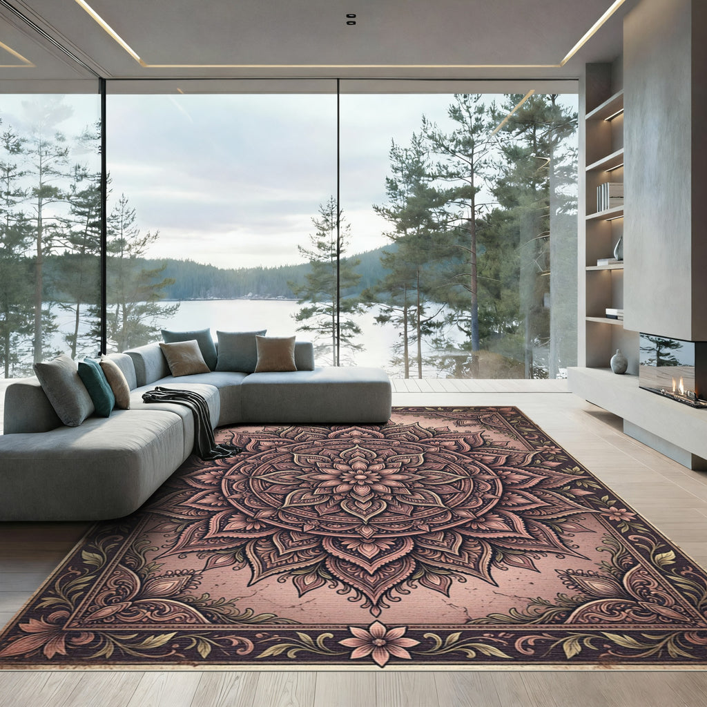 Dusty Rose Intricate Mandala Flower Rug