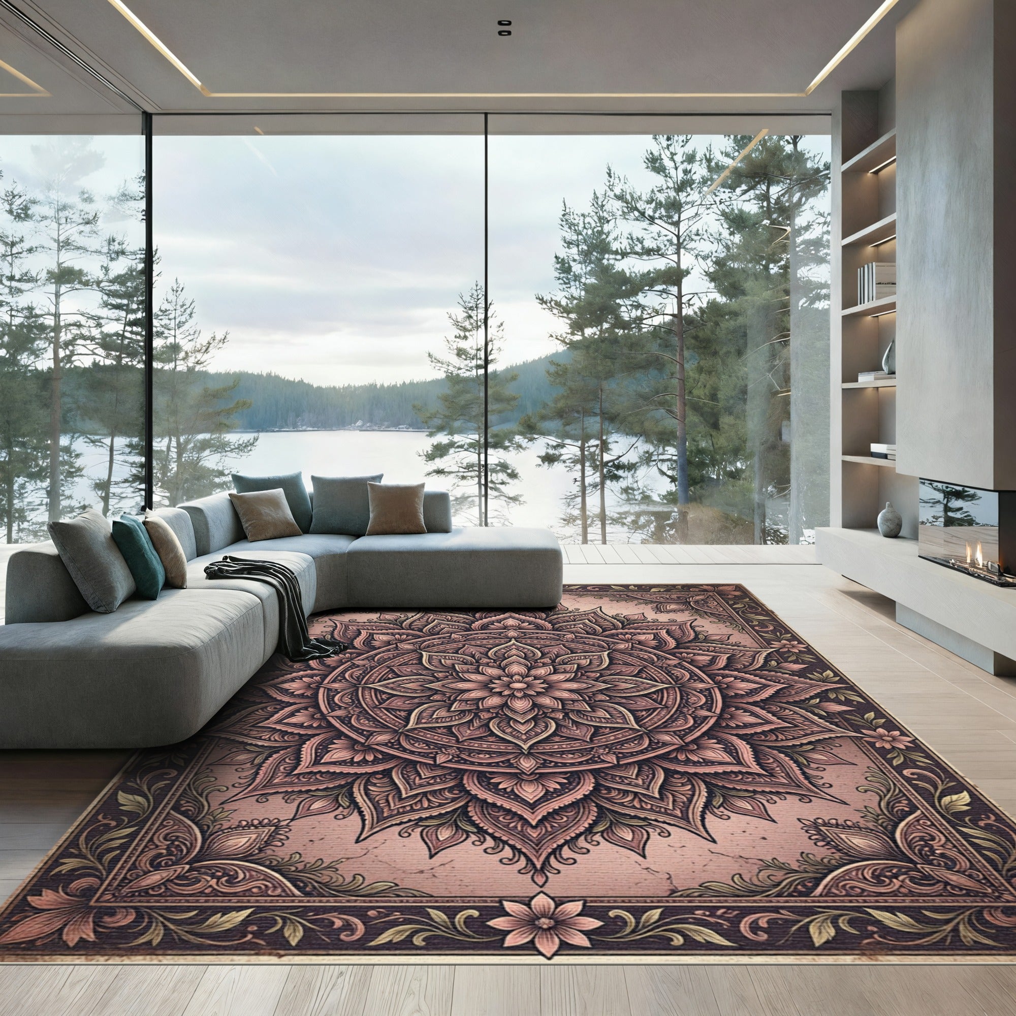 Dusty Rose Intricate Mandala Flower Rug
