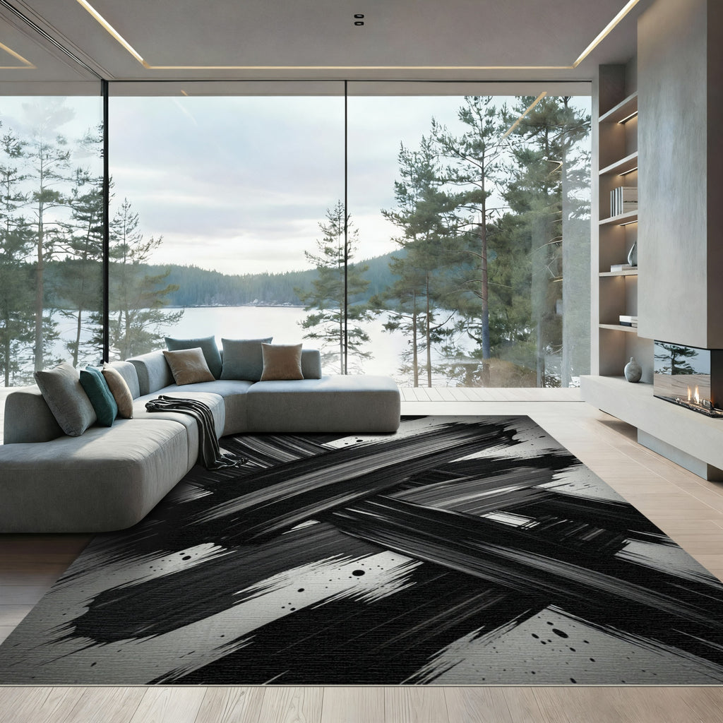 Dramatic Black and White Brushstroke Rug