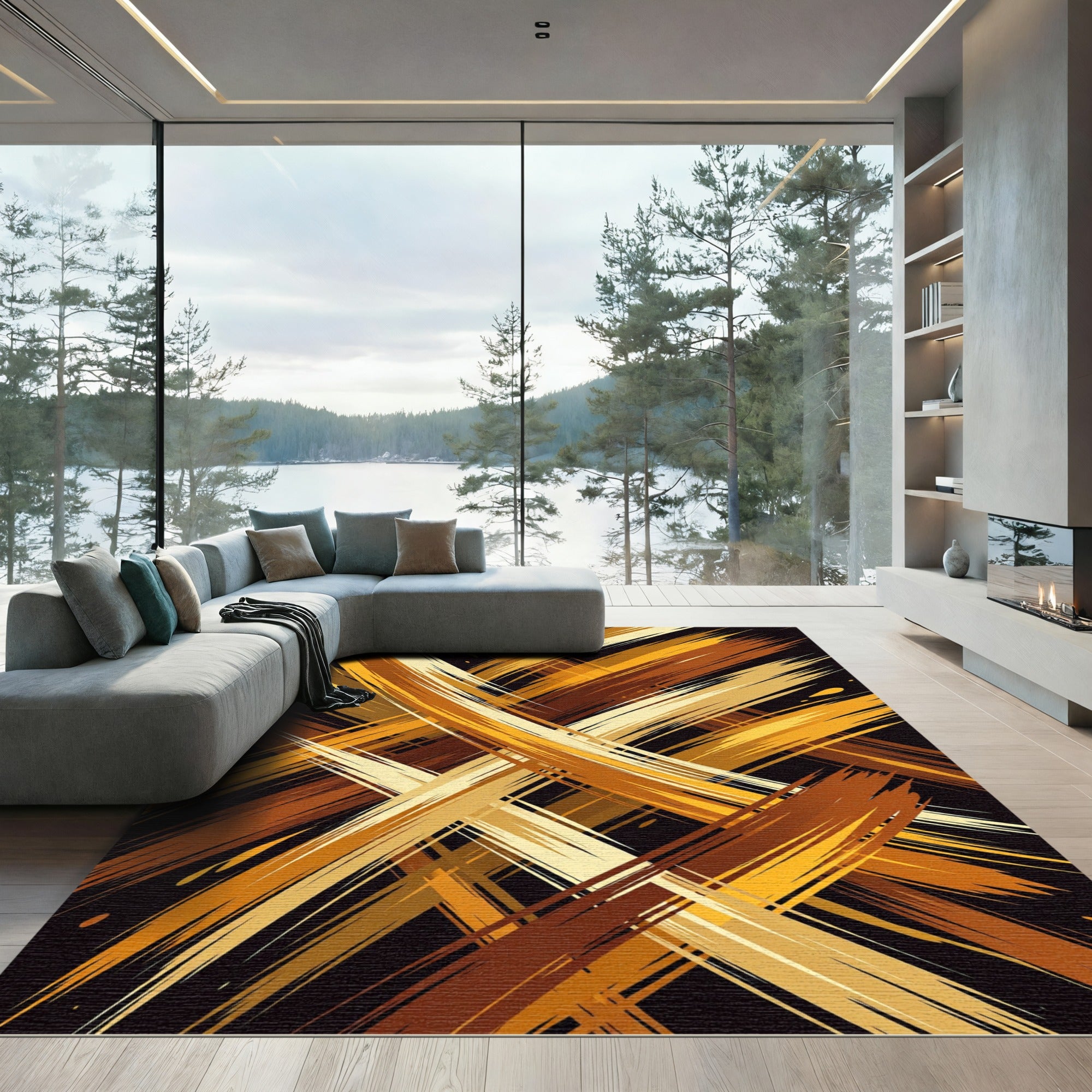 Golden Abstract Painted Stroke Texture Rug