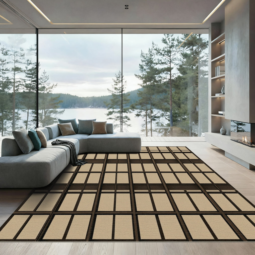 Modern Industrial Brown Grid Window Overlay Rug