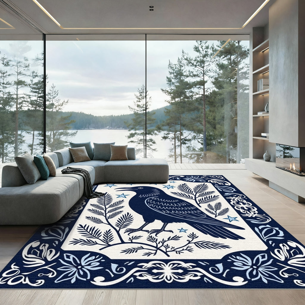 Dark Blue Crow Starry Night Border Rug