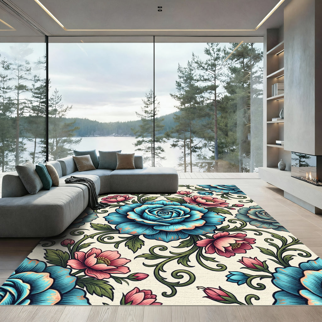 Blue and Pink Vintage Floral Bloom Rug