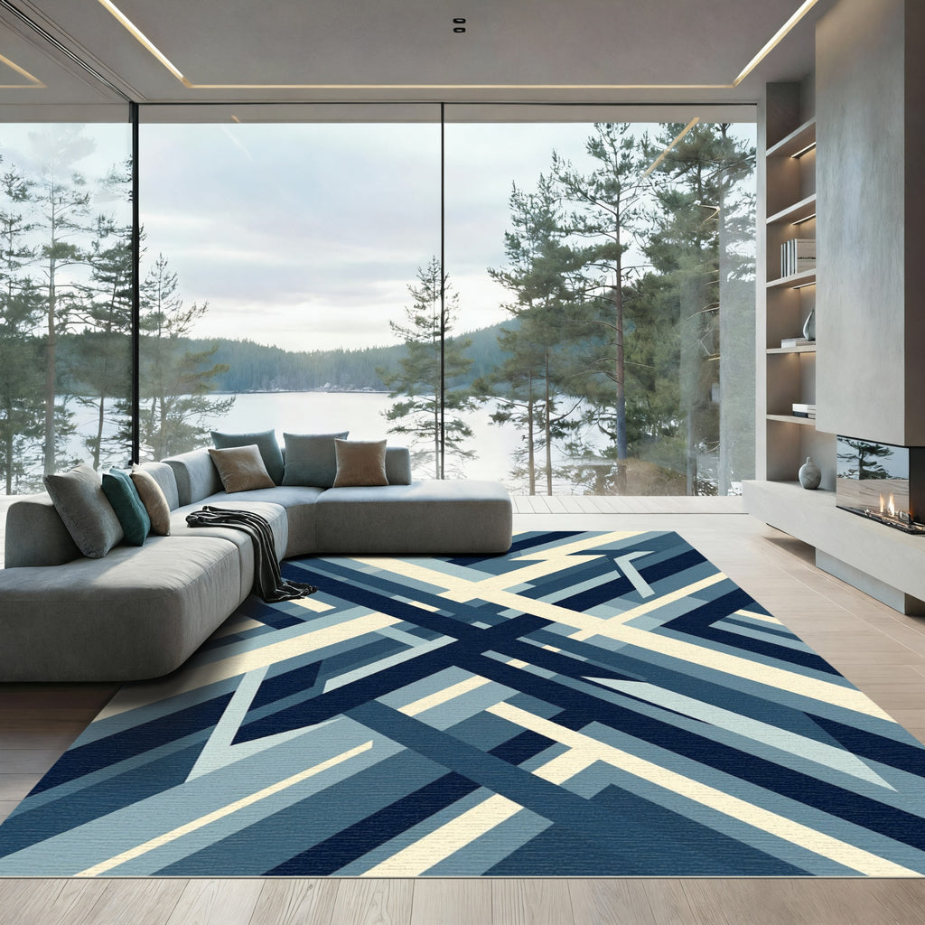 Modern Slate Blue Geometric Intersecting Lines Rug