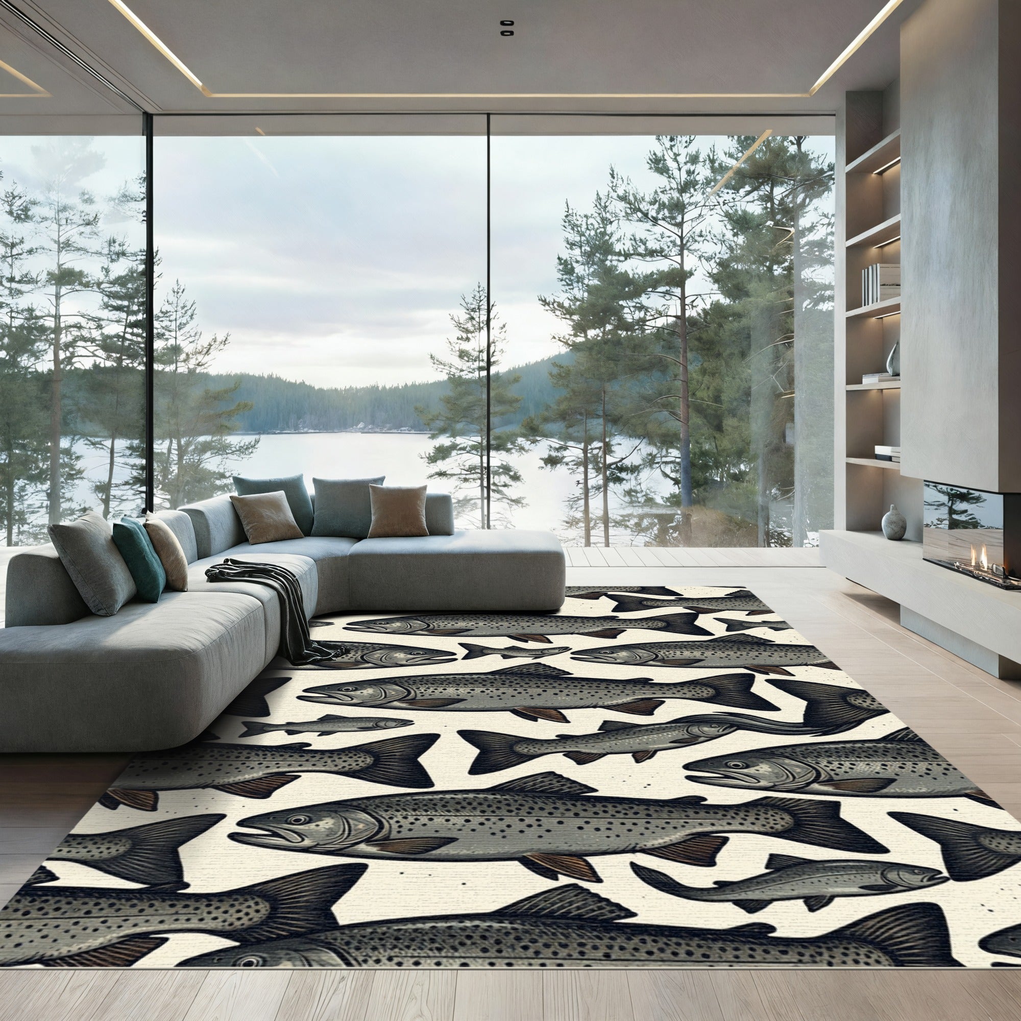 Vintage Speckled Trout School Illustration Rug