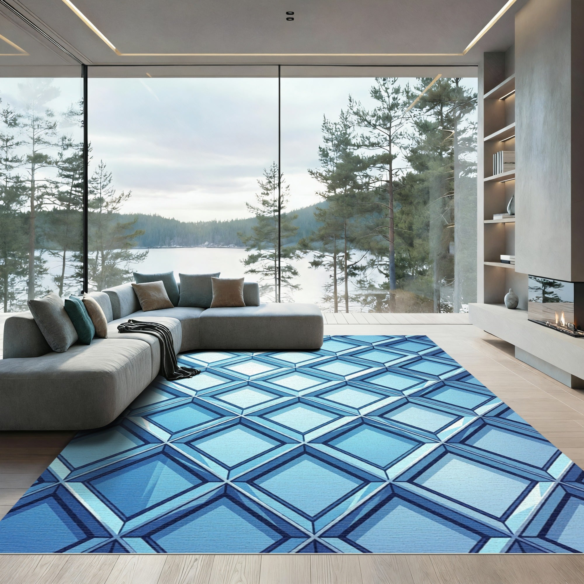 Azure Geometric Framed Diamond Grid Rug