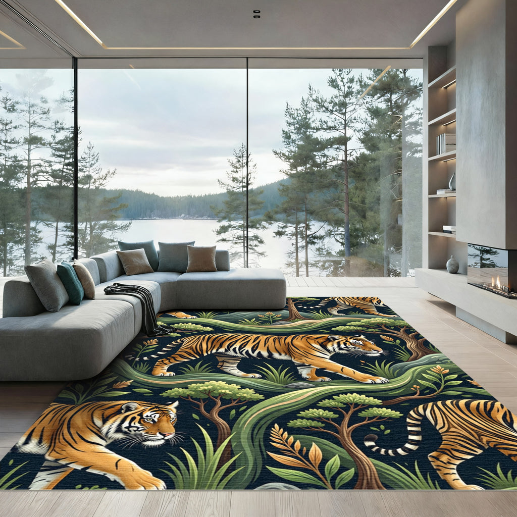 Vibrant Orange Tiger Jungle Expedition Rug