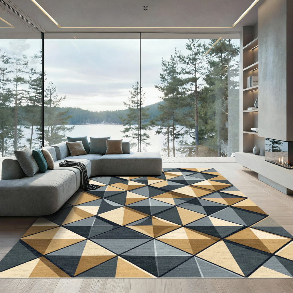 Gold Gray Geometric Diamond Illusion Rug