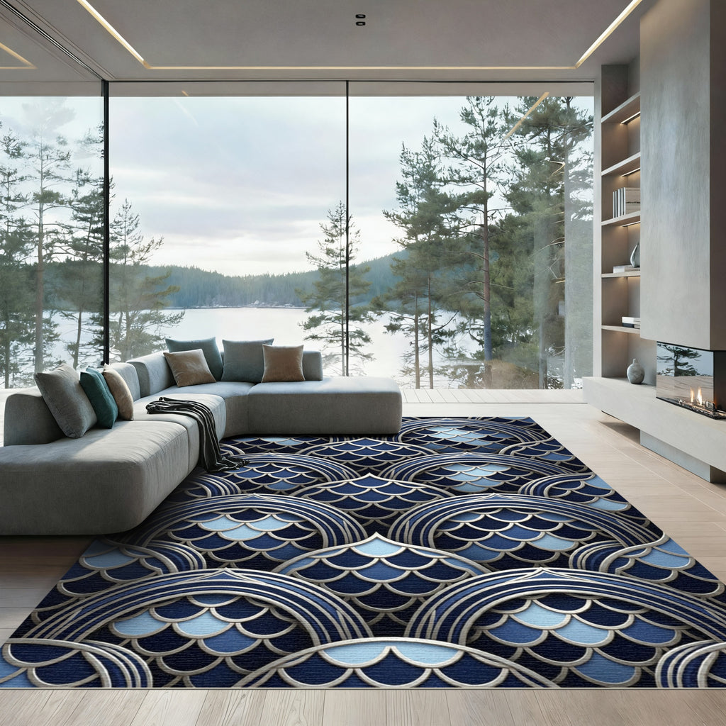 Deep Blue Layered Scale Arch Rug